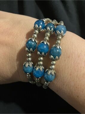Blue Bead Triple-Row Silvertone Bracelet - Women's Jewelry
